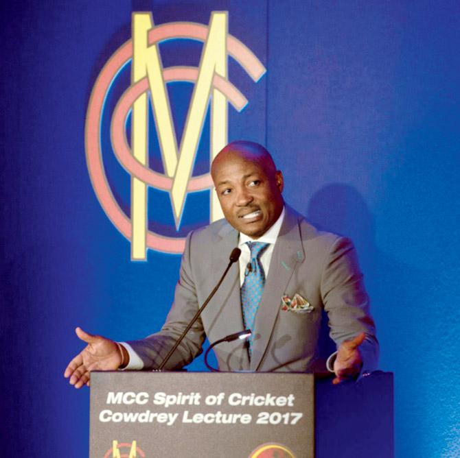 West Indian batting legend Brian Lara delivering the MCC Spirit of Cricket Cowdrey Lecture at Lord