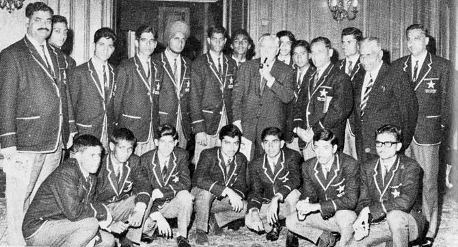 The All India Schools team in England, 1967. Standing (from left): M Mathur (asst manager), M Amarnath, S Amarnath, Laxman Singh, Jasbir Singh, Ajit Naik (capt), V Fernandez, British PM Harold Wilson, JK Mahendra, SMH Kirmani, Col H Adhikari (manager), AAS Asif, BCCI secretary R Sriraman and S Sahu (selector). Sitting (from left): D Sarkar, D Inder Raj, R Tandon, R Mukherjee, Arun Kumar, Avi Karmekar and J Bhutta. Pic courtesy the cricketer magazine