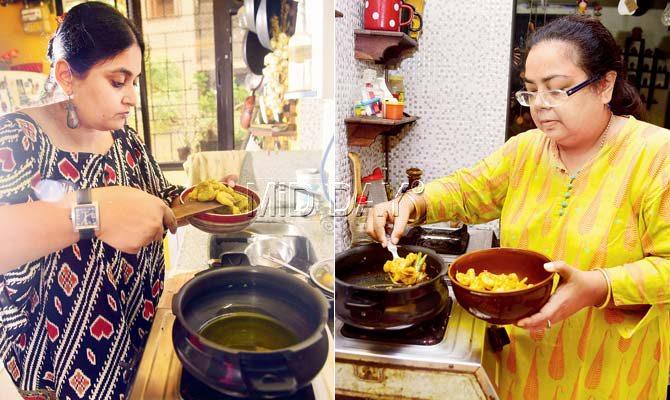 Madhumita Pyne and Rhea Mitra-Dalal ready for the Pujo meals. Pics/Sameer Markande
