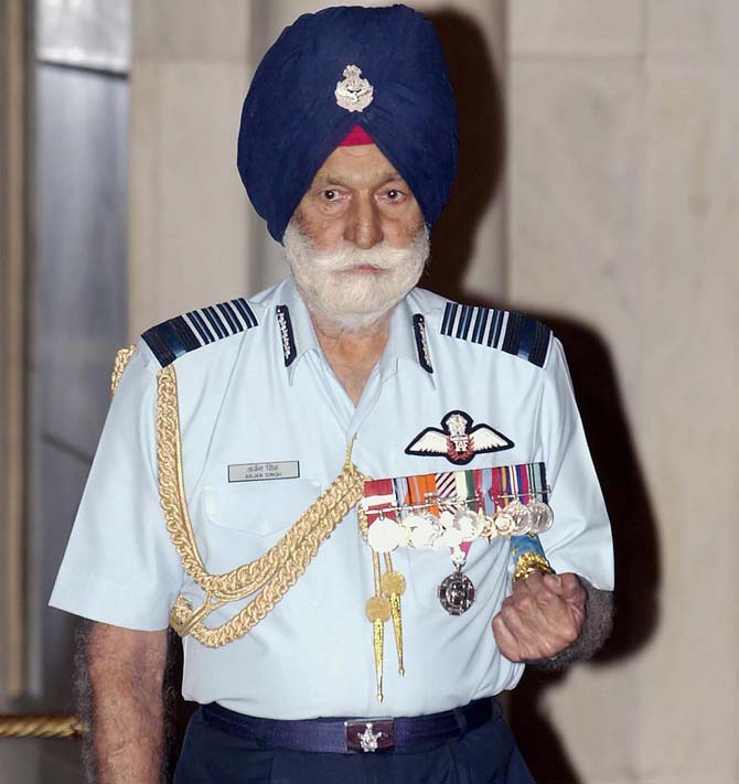 Indian Air Chief Marshal Arjan Singh after receiving the Marshal of the Indian Air Force baton during a ceremony in New Delhi. Pic/AFP