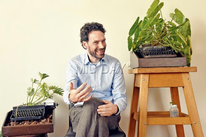 Dutch diplomat, Martijn Lammers with his plant-meets-typewriter assemblages, Laura Green and Jack Green, named after his wife and son. Pic/Pradeepâu00c2u0080u00c2u0088Dhivar