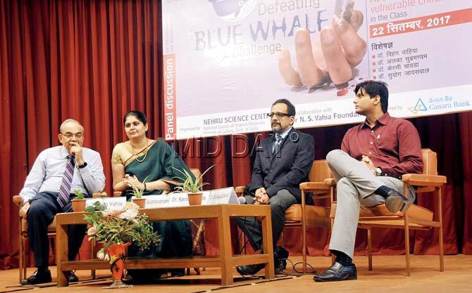 Experts talk on the dangers of the Blue Whale Challenge at Nehru Science Centre in Worli on Friday. Pic/Sayed Sameer Abedi