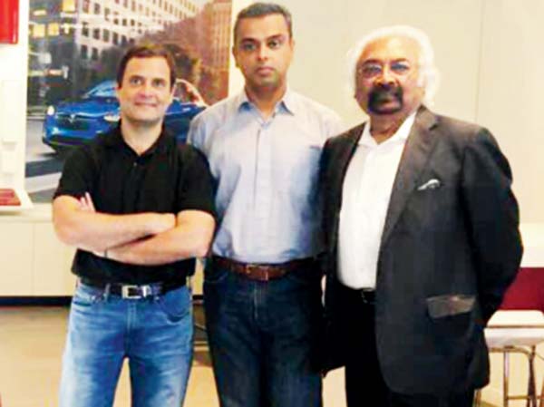 Rahul Gandhi, Milind Deora and Sam Pitroda. Pic/Twitter