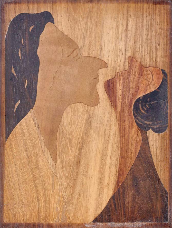 An untitled wood inlay by Rathindranath of Rabindranath Tagore’s painting