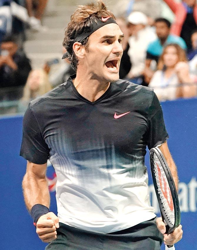 Federer celebrates his win over Lopez in New York on Saturday. Pic/AFP, Getty Images