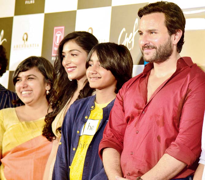 Saif Ali Khan with co-stars at the launch of the trailer of ‘Chef’. Pic/Pradeep Chandra