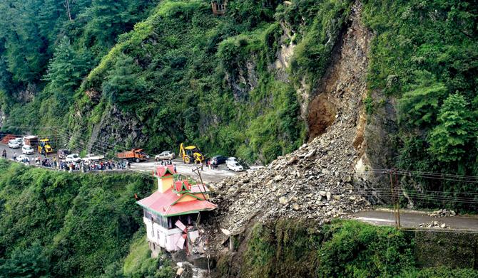 View of the landslide following heavy rainfall in Shimla on Saturday. Pic/PTI