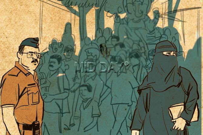 Police Naik D V Badekar, attached with the Antop Hill police station, spots a burkha-clad person, walking suspiciously, in the area while on bandobast duty for Ganpati Visarjan