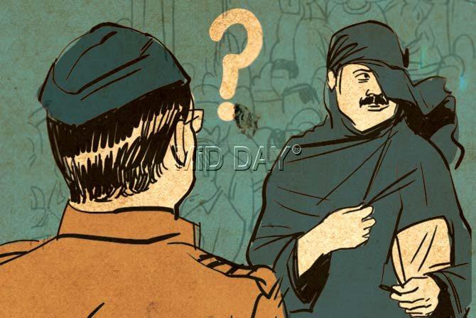 Not completely sure of his suspicions, he merely walks alongside the person, after having alerted his superiors. Just then, a passing breeze lifts the veil, and Badekar spots a moustache on the face