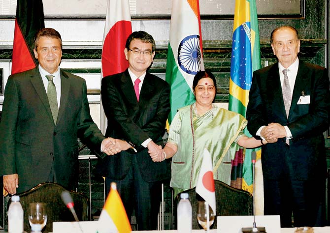 Sushma Swaraj during a meeting of G4 countries. Pic/PTI