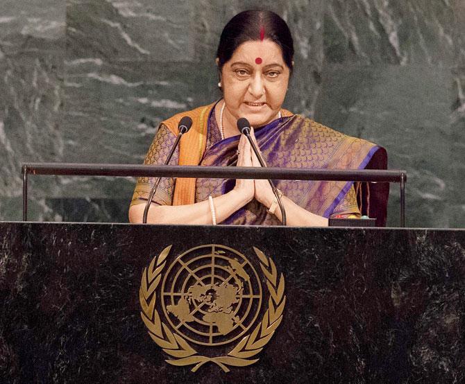 External Affairs Minister Sushma Swaraj addresses the 72nd Session of the United Nations General Assembly on Saturday. Pic/AFP