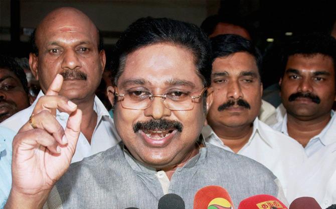 AIADMK (Amma) deputy general secretary TTV Dhinakaran, along with his supporters, addressing a press conference in Madurai on Monday. Pic/PTI