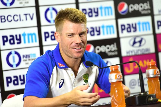 Australian cricketer David Warner takes part in a press conference ahead of the fourth one day international (ODI) match in the ongoing India-Australia cricket series at the M. Chinnaswamy Stadium in Bangalore on September 27, 2017. Pic/AFP