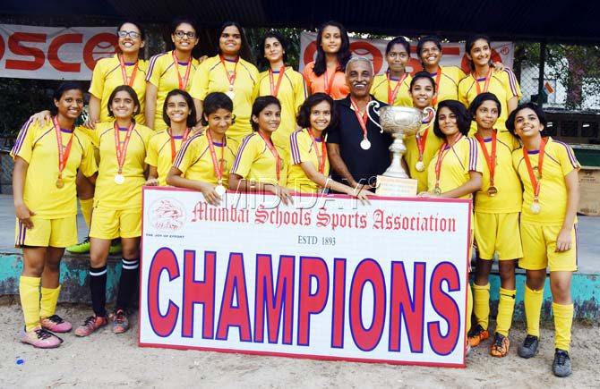The Bai Avabai Petit School (Bandra) team, who won the girls under-16 inter-school Division II football final by defeating Jamnabai Narsee (Juhu) 1-0 in the final at the Azad Maidan yesterday. Pics/Suresh karkera