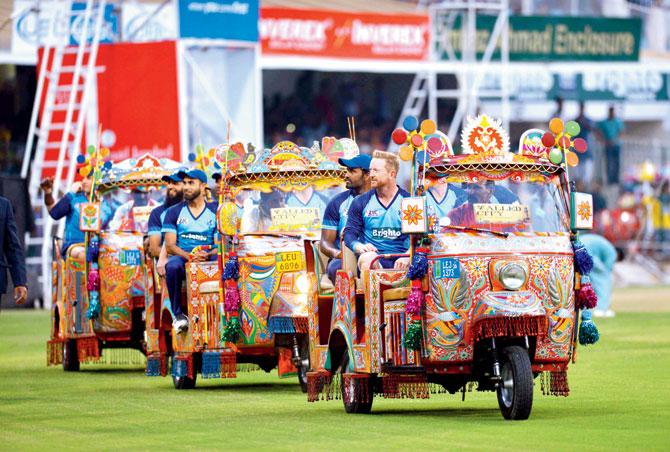 World XI players paraded in autorickshaws before the match at Gaddafi Stadium in Lahore. Pic/AFP