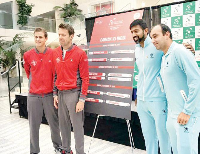 Rohan Bopanna tweeted this picture with Purav Raja and their Canadian opponents Daniel Nestor and Vasek Pospisil