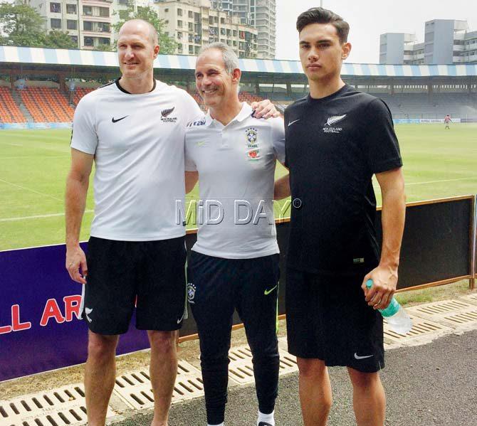 New Zealand U-17 head coach Danny Hay (left), Brazil head coach Carlos Amadeu and Kiwi skipper Max Mata (right) at the Mumbai Football Arena, Andheri yesterday. Pic/Noel D