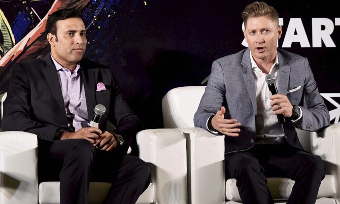 Former Indian cricketer VVS Laxman with former Australian cricketer Michael Clarke during a panel discussion on the upcoming India-Australia Series in New Delhi on Tuesday. Pic/PTI