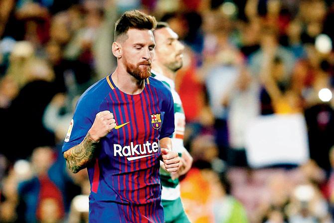 Barcelona forward Lionel Messi celebrates a goal against Eibar  during a Spanish League tie on Tuesday. Barca won 6-1. Pic/AFP