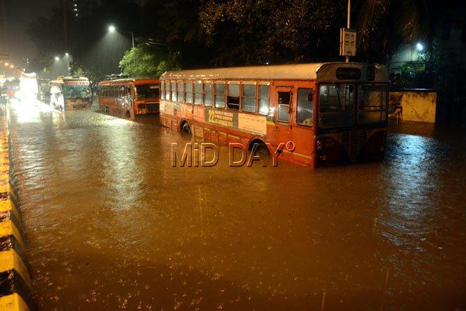 Buses stuck in water logged street during heavy rain at Hindmata, Dadar. Pic/Satej Shinde
