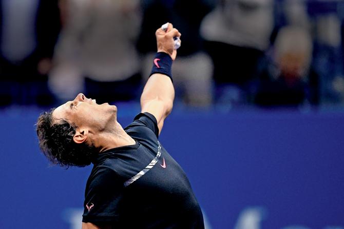 Rafael Nadal is elated after his semi-final win over Juan Martin del Potro in New York  on Friday. Pic/AFP