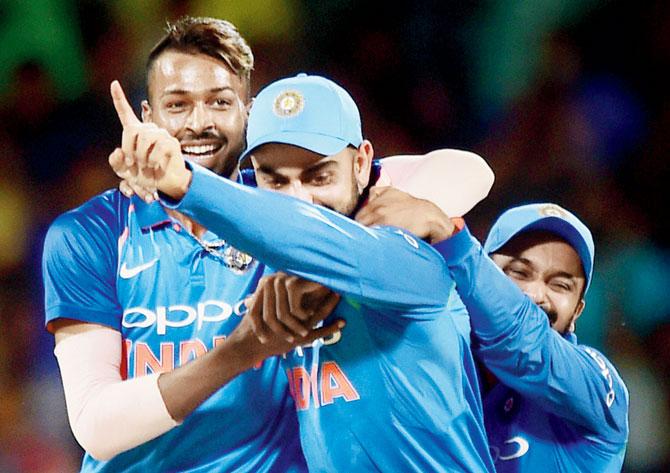 Hardik Pandya and captain Virat Kohli are over the moon after the  all-rounder sends back Steven Smith in Chennai on Sunday.