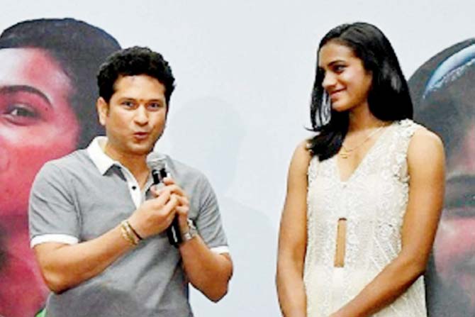 Sachin Tendulkar with star shuttler PV Sindhu during a promotional event recently