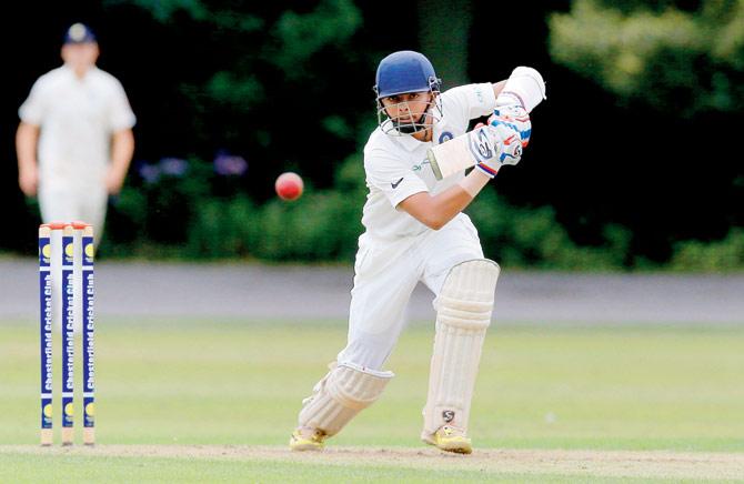 Prithvi plays one through the off side during the England U-19 v India U-19 tie in Chesterfield, England in July this year. Pic/Getty Images