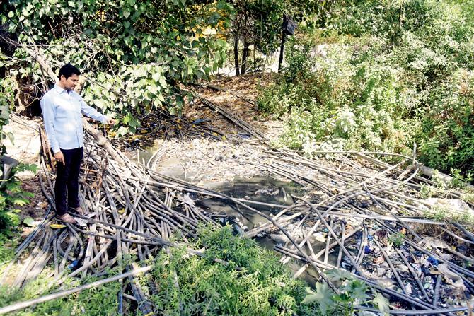 BJP Yuva head of Diva, Aadesh Bhagat shows the jungle of TMC pipes near the Reliance Tower, which are in filth. He says the water supply can be contaminated due to this. Pics/Sameer Markande