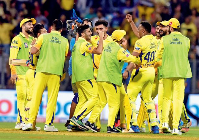 CSK players celebrate their win against Mumbai Indians at Wankhede on Saturday. CSK players celebrate their win against Mumbai Indians at Wankhede on Saturday. Pic/Suresh Karkera