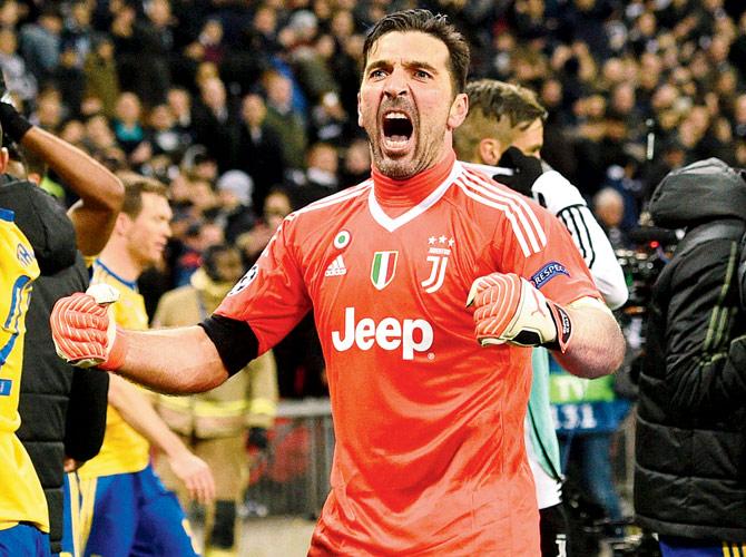 Juventus goalkeeper Gianluigi Buffon celebrates his team’s victory over English side Tottenham  Hotspur in the Champions League last-16 second leg at London recently. Pic/AFP