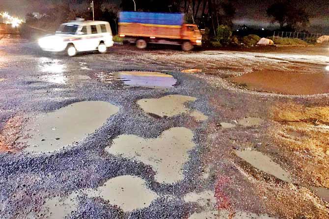 The pothole ridden stretch on Sion-Panvel Highway
