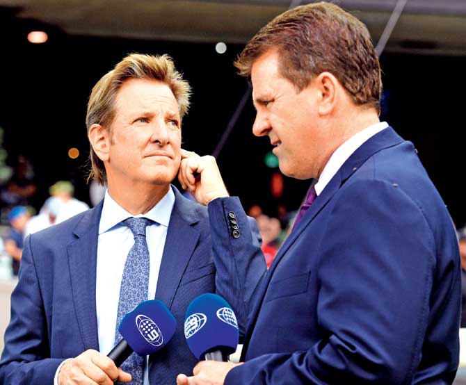 Former Australia skipper and Channel Nine cricket commentator Mark Taylor (right) with ex-England first-class cricketer Mark Nicholas during the Boxing DayTest at Melbourne in 2016. Pic/AFP