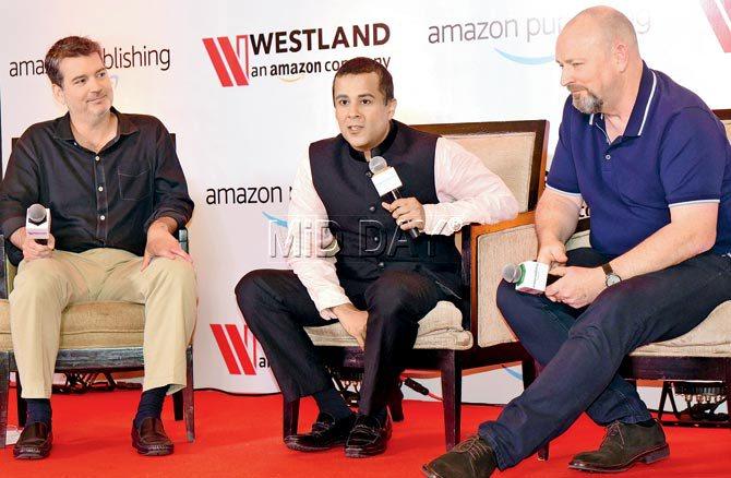 Jeff Belle, VP, Amazon Publishing (left), next to author Chetan Bhagat, during the press conference held at St Regis. Pic/Suresh Karkera