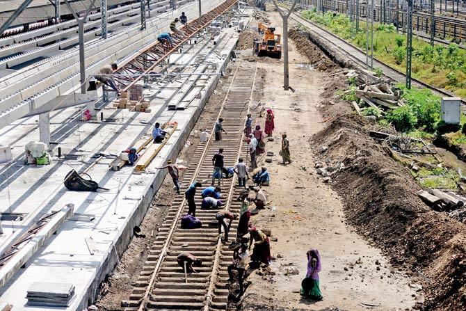 The construction of the new platform and station is on at Parel. Pic/Bipin Kokate