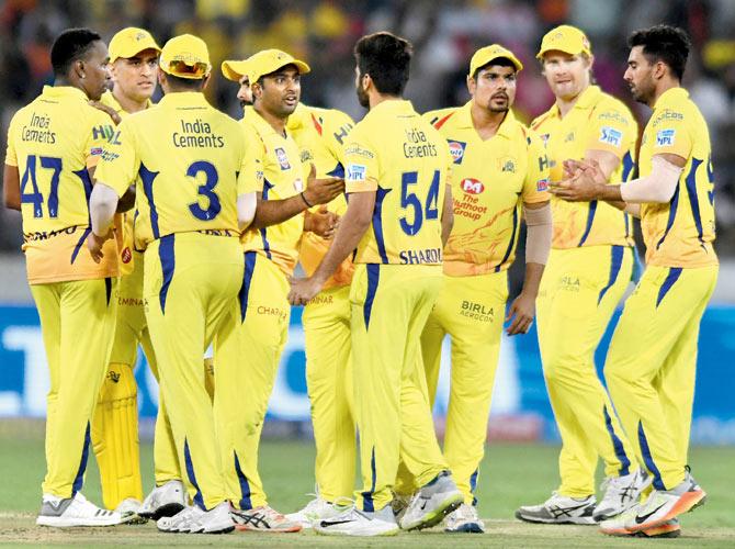 Chennai players celebrate a Hyderabad wicket during a recent T20 2018 encounter. Pic/AFP