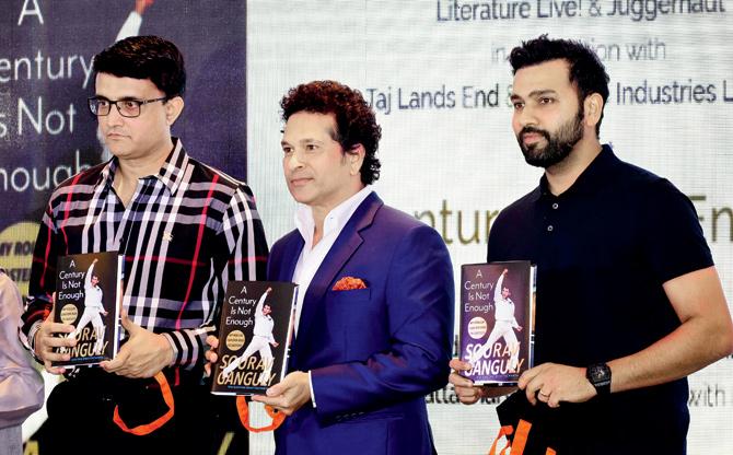 Rohit Sharma (right), Sachin Tendulkar during the launch of Sourav Ganguly’s (left) book at a city hotel yesterday. Pic/Suresh Karkera