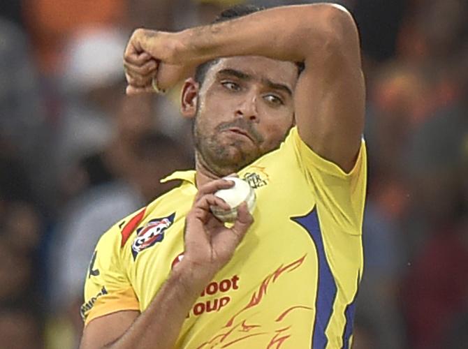 Chennai bowler Deepak Chahar in action against Hyderabad player during T 20 2018 cricket match in Hyderabad on Sunday. Pic/PTI