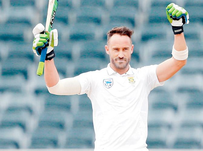 South Africa skipper Faf du Plessis exults after completing his 100 against Australia in Johannesburg yesterday. Pics/AFP