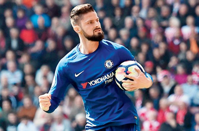 Giroud celebrates his maiden EPL goal for Chelsea. Pic/AFP