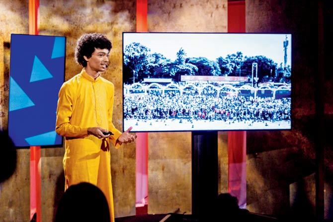 Nilay Kulkarni (also in inset) speaks during a TED Ideas Search event in New York in January