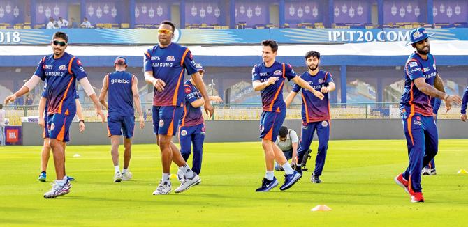 Mumbai players during a practice session at the Sawai Man Singh stadium in Jaipur on Friday. Pic/PTI