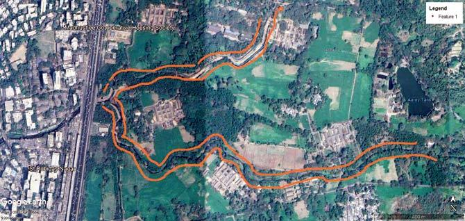 A satellite image of the Oshiwara river (orange lines) running through the Aarey Milk Colony