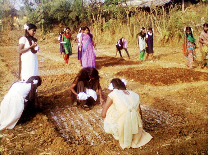 Students are seen applying concepts they have learned in maths and science on a plot of land in Dadhare village, which Vidyankur has rented from a farmer for Rs 10,000 annually