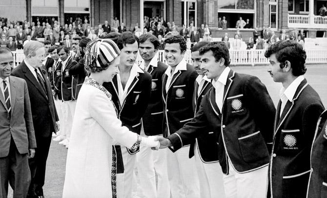 India captain Ajit Wadekar introduces Sunil Gavaskar to Queen Elizabeth II during the 1971 Lord