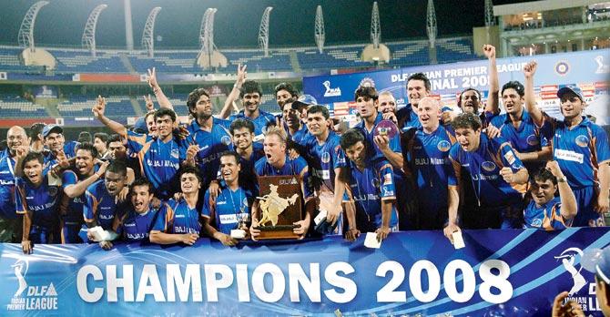 Rajasthan Royals celebrate after winning the inaugural edition of the IPL in 2008. Pics/mid-day archives, AFP