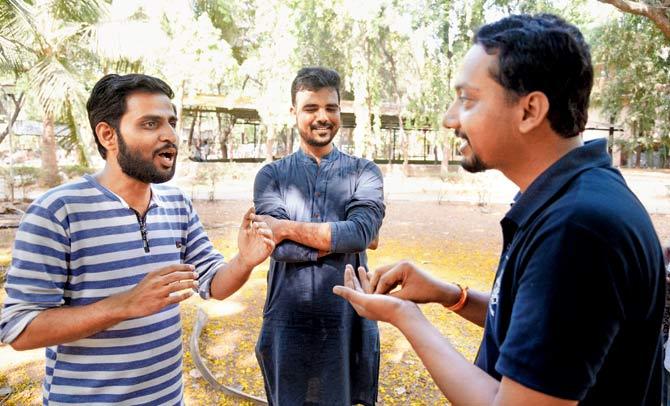 The student activists at MU support different ideologies, which often leads to clashes. (From left)âu00c2u0080u00c2u0088Rameshwar Shere of SFI, and Ravi Jaiswal and Amit Sharma of ABVP, discuss campus politics. Pic/Shadab Khan