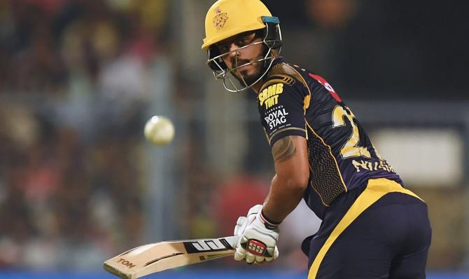 Kolkata cricketer Nitish Rana plays a shot during the T20 2018 cricket match between Kolkata and Delhi at The Eden Gardens Cricket Stadium in Kolkata on April 16, 2018. Pic/AFP