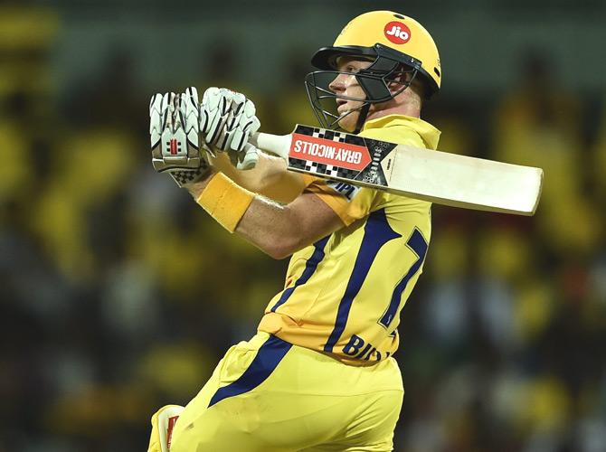 Chennai Super Kings (CSK) batsman Sam Billings plays a shot during the IPL 2018 cricket match against KKR at MAC Stadium in Chennai on Tuesday. CSK won the match by 5 wickets. Pic/PTI