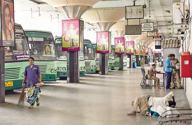 KSRTC buses parked at Koyambedu bus terminus during the Opposition